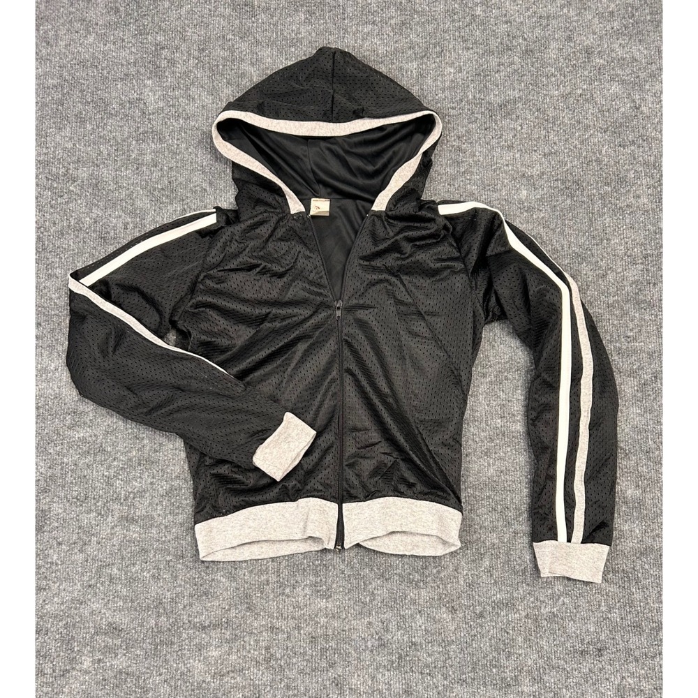 VTG Black Mesh Zip Up Hoodie Athletic Track‎ Jacket White Stripe Made USA Size S